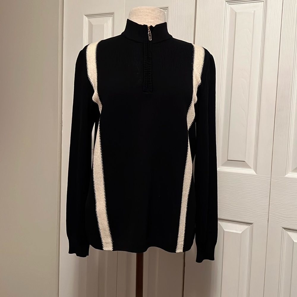 St. John Sport Marie Gray Black Quarter Zip Pullover Sweater White Stripe Size S